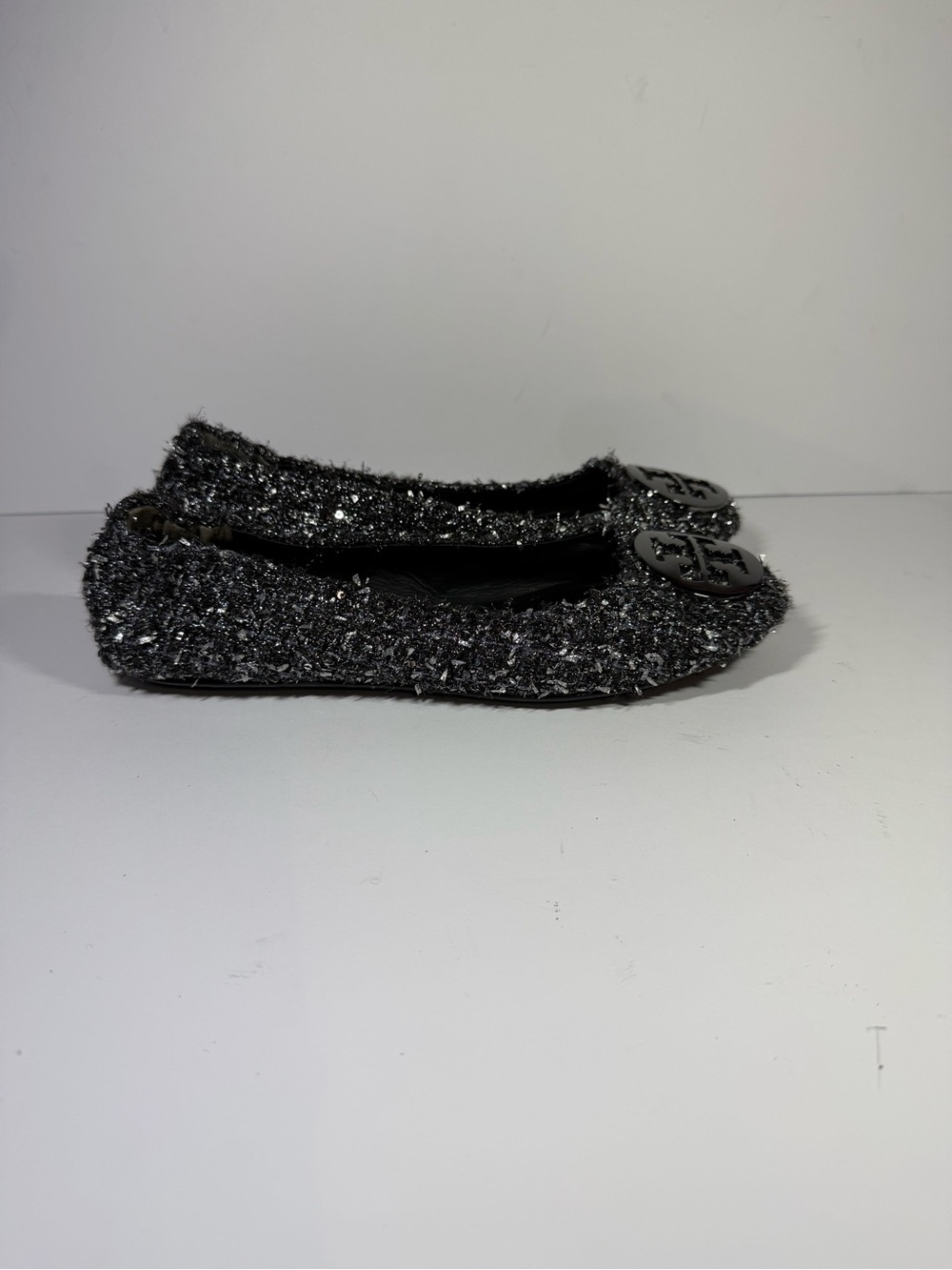 Tory Burch Black Sparkle Ballet Flats with Logo Medallion size 7.5